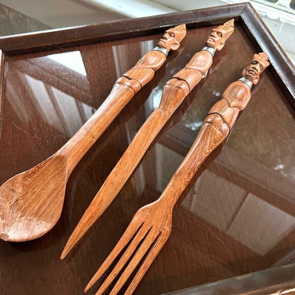 Vintage Hand Carved African Tribal Knife Fork Spoon Serving Utensils - Picture 12 of 15